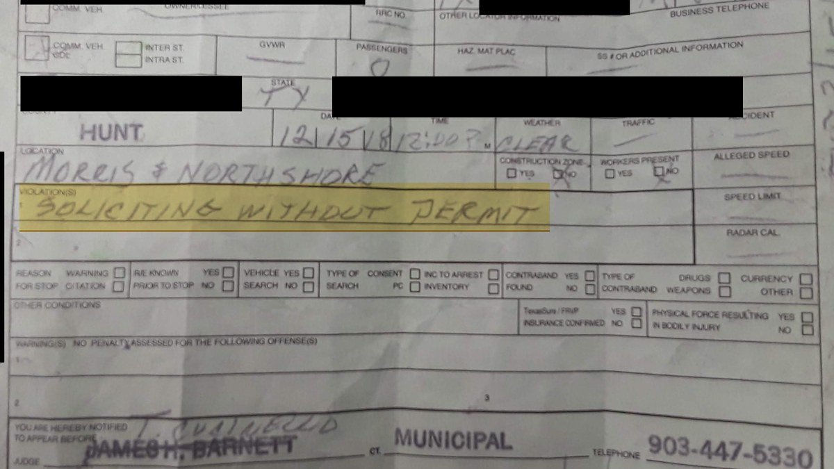 Hawk Cove Police citation No. 002667 dated 12/15/18, location Morris and Northshore, violation handwritten as Soliciting Without Permit; the violator's details are covered in black