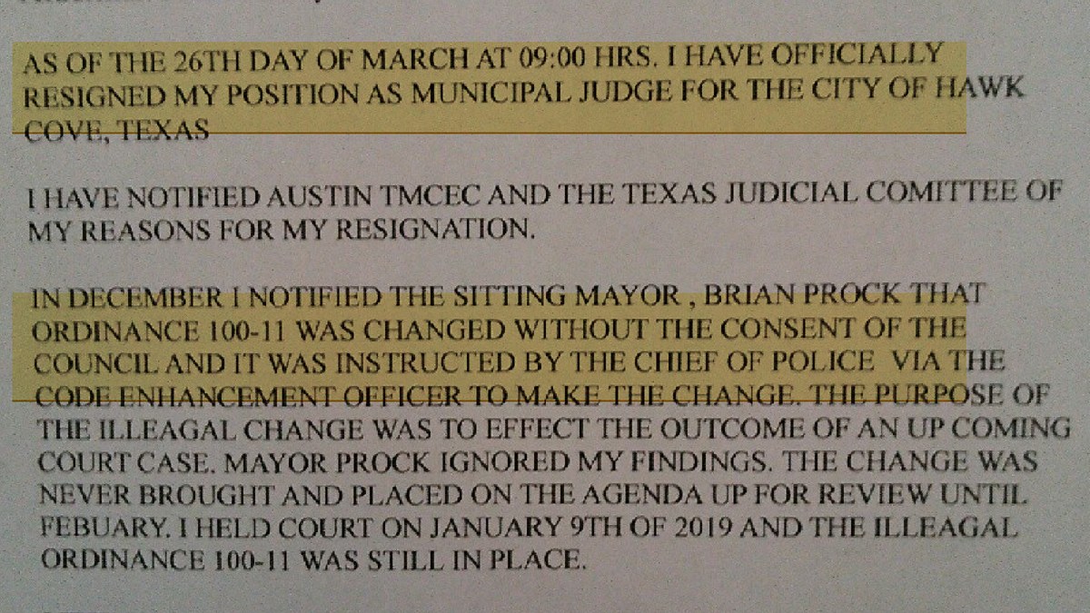 Typed resignation letter of the Municipal Judge: resigned as of March 26 at 09:00, and Ordinance 100-11 was changed without the consent of the Council