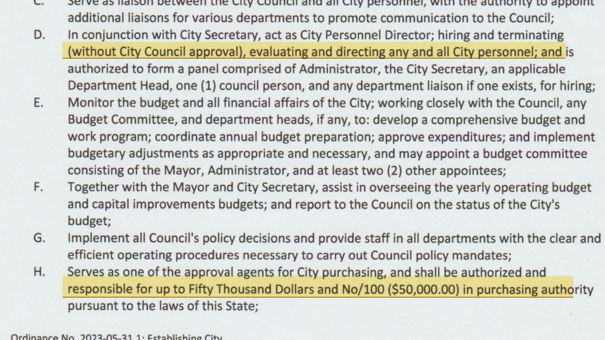 Ordinance 2023-05-31.1, Section 6: the Administrator hires and terminates without City Council approval and is responsible for up to $50,000.00 in purchasing authority