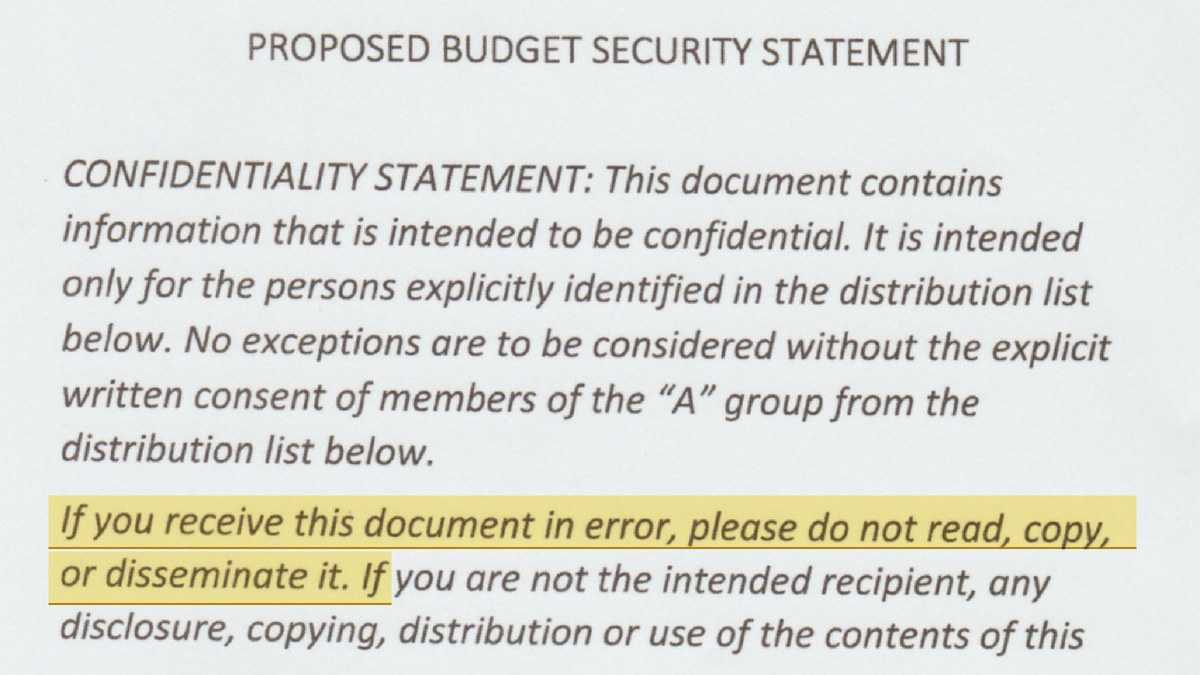 Proposed budget security statement: If you receive this document in error, please do not read, copy, or disseminate it