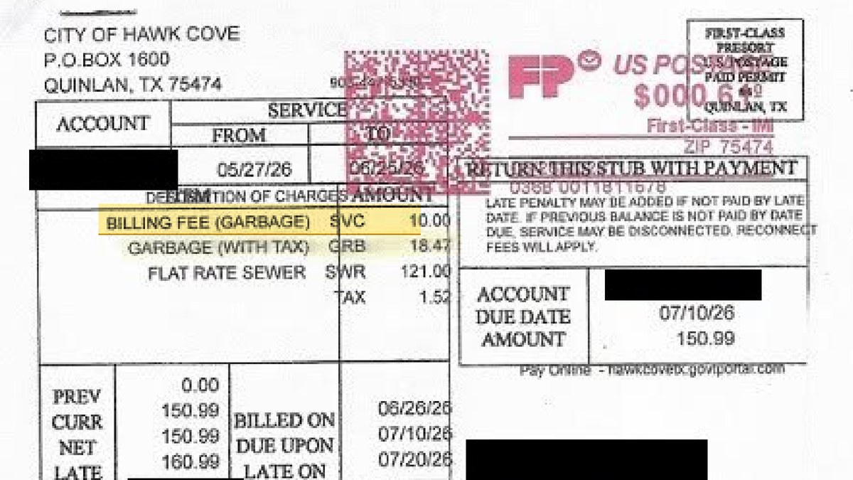 June 2026 sewer and trash bill: first line BILLING FEE (GARBAGE) SVC 10.00; the resident's account and address are covered