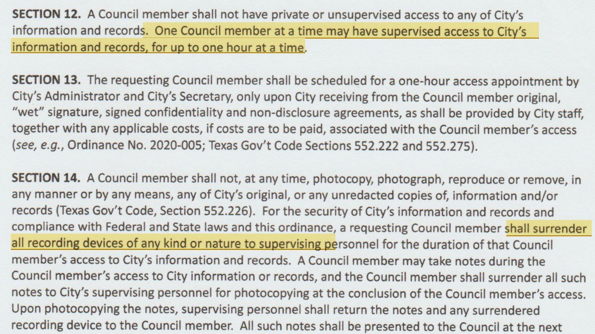 Ordinance 2023-05-31.5, Sections 12 to 14: one Council member at a time, supervised, up to one hour, and must surrender all recording devices