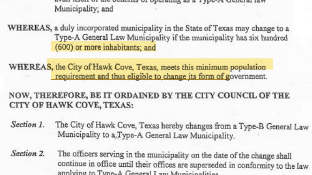 Ordinance No. 100-5: Type A requires six hundred (600) or more inhabitants, and Hawk Cove meets this minimum population requirement